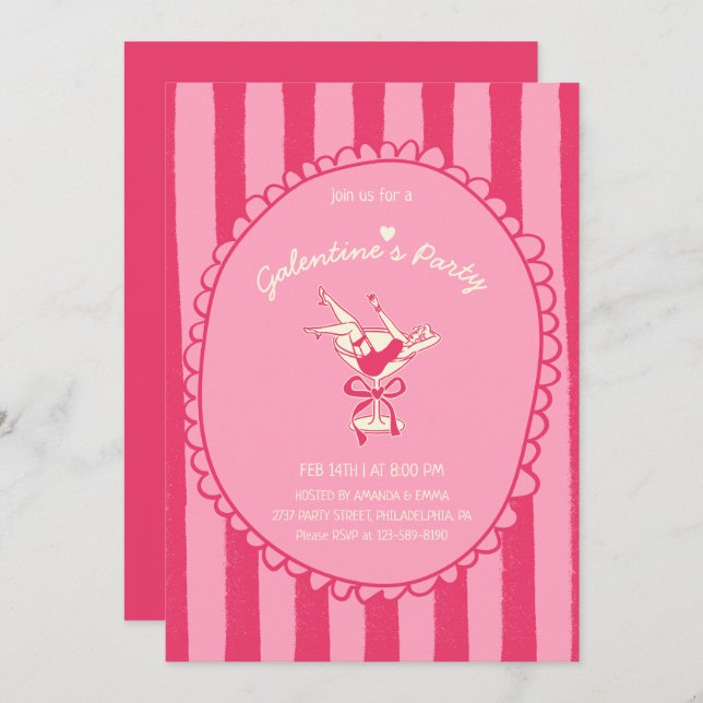 Hot Pink Hand Drawn Galentine's Day Party Einladung (Vorne/Hinten)