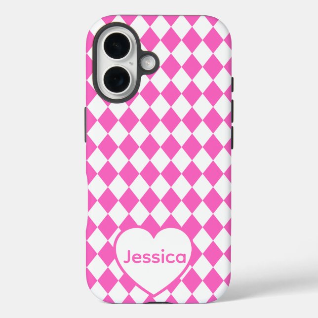 Hot Pink Harlequin Pattern Personalized Name Case-Mate iPhone Hülle (Rückseite)