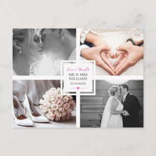 Hot Pink Heart Wedding Foto Collage Liebe & Danke Postkarte