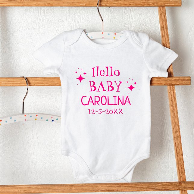 Hot Pink|Hello Baby|Child's Name|DOB Baby Strampler (Add sparkle to your child's bodysuit with their name and DOB. Order now.)