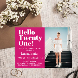 Hot Pink Hello Twenty One 21. Geburtstag Foto Einladung