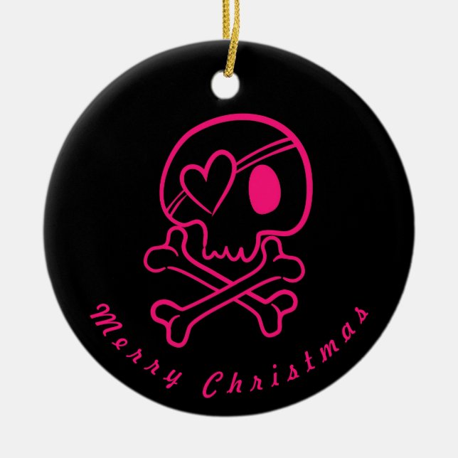 Hot Pink Herz Skull & Crossbones Ornament Runde (Vorne)