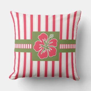 Hot Pink Hibisken mit Streifen Monogramm Kissen