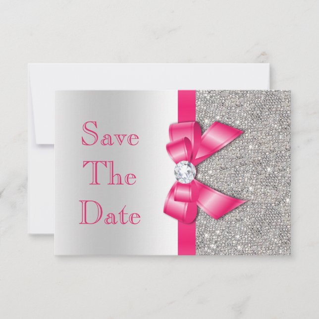 Hot Pink Imitats Bow & Diamonds Save the Date (Vorderseite)