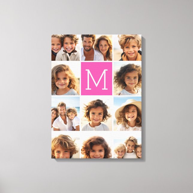 Hot Pink Instagramm Foto Collage Custom Monogram Leinwanddruck (Vorderseite)