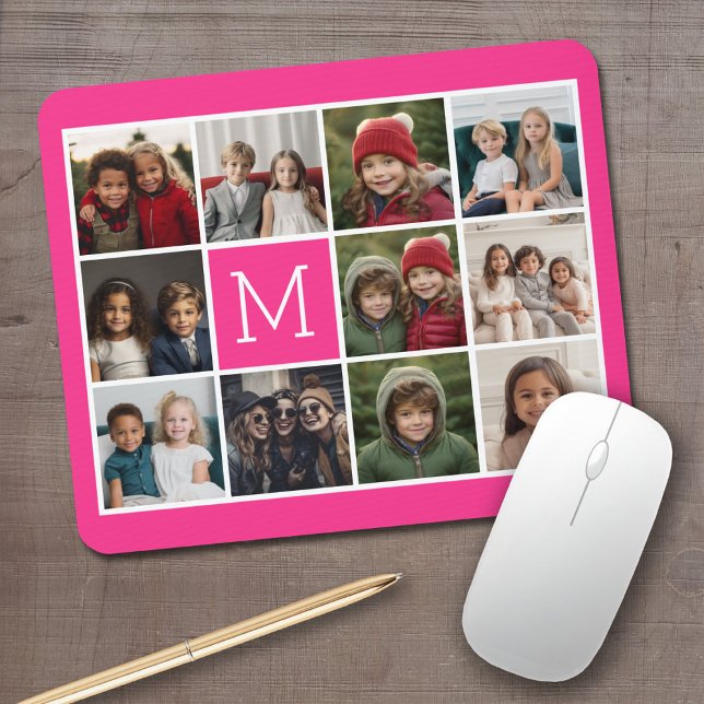 Hot Pink Instagramm Foto Collage Custom Monogram Mousepad (Personalized mouse pad with your photos and text)