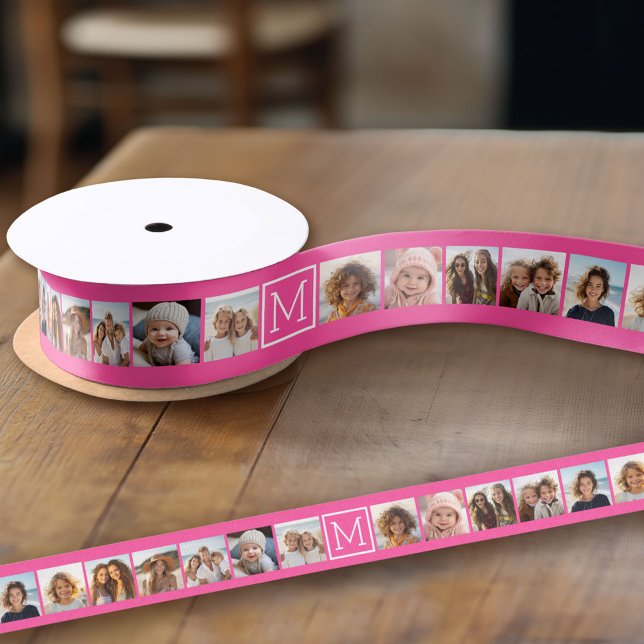 Hot Pink Instagramm Foto Collage Custom Monogram Ripsband (Custom Ribbon on a Roll - Personalize this ribbon with you text)