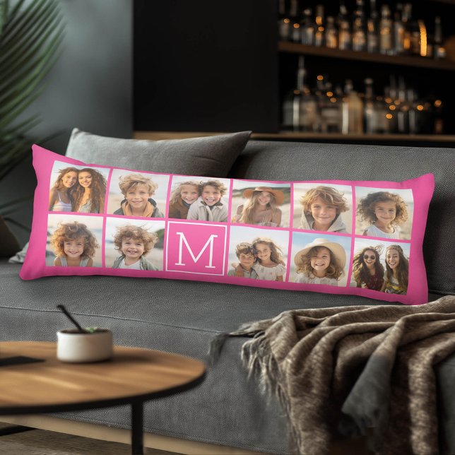 Hot Pink Instagramm Foto Collage Custom Monogram Seitenschläferkissen (Custom Body Pillow)