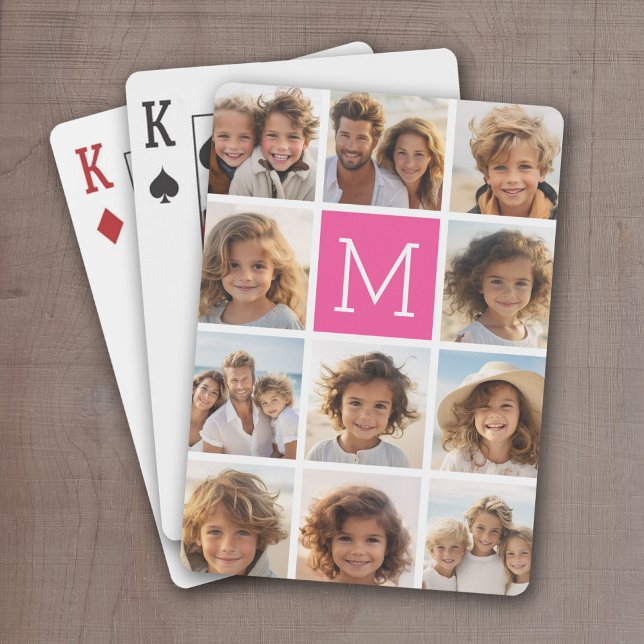 Hot Pink Instagramm Foto Collage Custom Monogram Spielkarten (Personalized Playing Cards with 11 Photos and a bright monogram in the center)