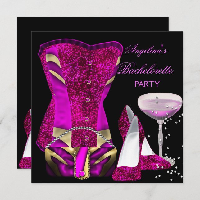 Hot Pink Junggeselinnen-Abschied Shoes Corset Einladung (Vorne/Hinten)