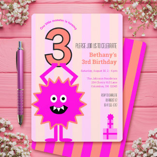 Hot Pink Kleines Monster 3. Girl Geburtstag Streif Einladung