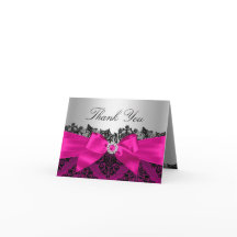 Hot Pink Lace Damask & Bow Dankeschön Card