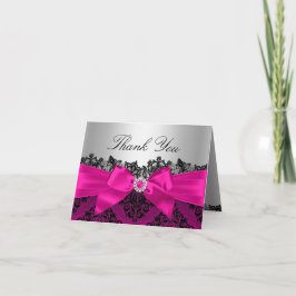 Hot Pink Lace Damask & Bow Dankeschön Card Dankeskarte
