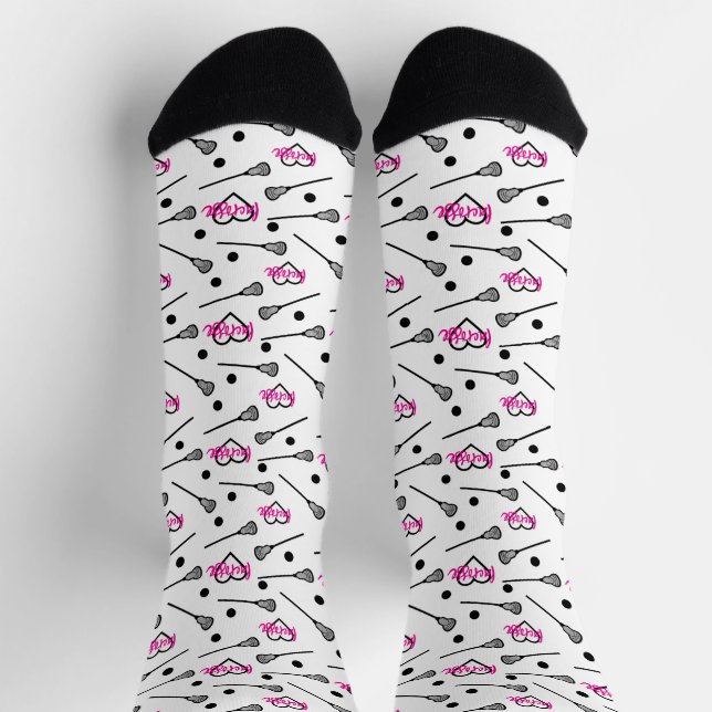 Hot Pink Lacrosse Sticks and Hearts Pattern Socken (Oben)