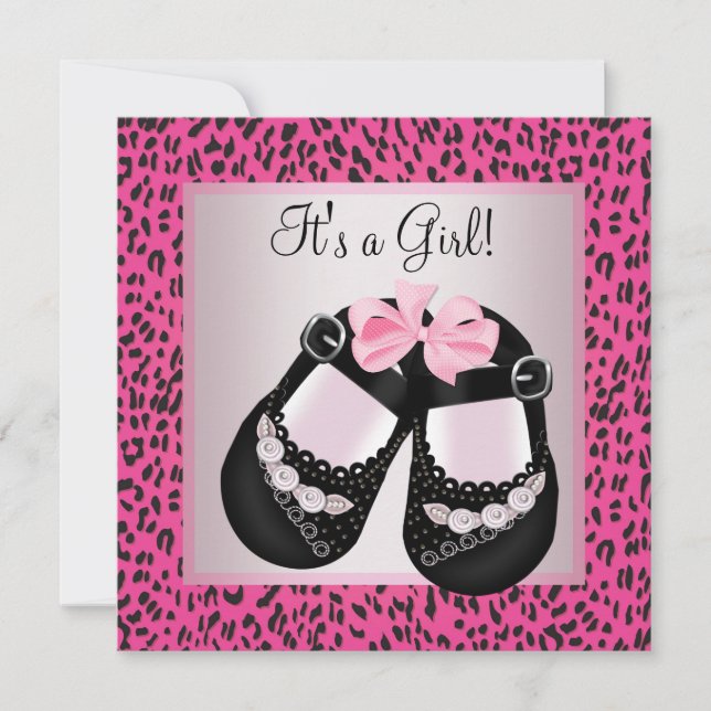 Hot Pink Leopard Baby Girl Dusche Einladung (Vorderseite)