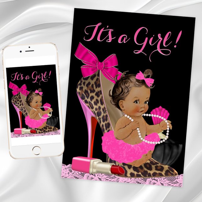 Hot Pink Leopard High Heel Shoel Ethnic Baby Dusch Einladung (High heel shoe baby shower invitation. Instant download and printed invitations available.)