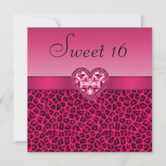 Hot Pink Leopard Print & Bling Heart Sweet 16 Einladung