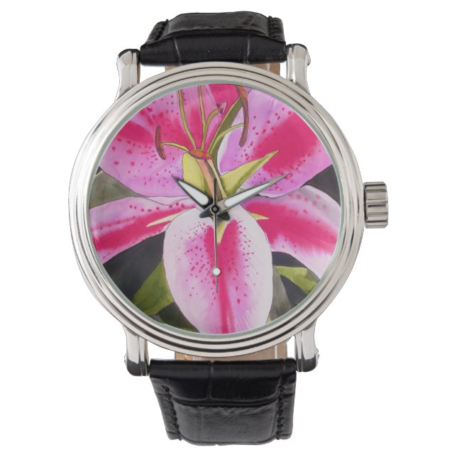 Hot Pink Lilie Blume Aquarell Pop Blume Armbanduhr (Vorderseite)