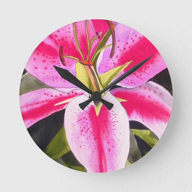 Hot pink lily Tenerife pop art watercolor flower Runde Wanduhr (Vorderseite)