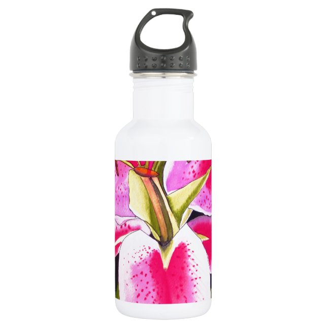 Hot pink lily Tenerife pop art watercolor flower Trinkflasche (Vorderseite)