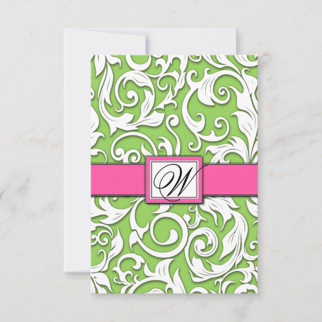 Hot Pink & Lime Green Damask RSVP Cards (Vorderseite)