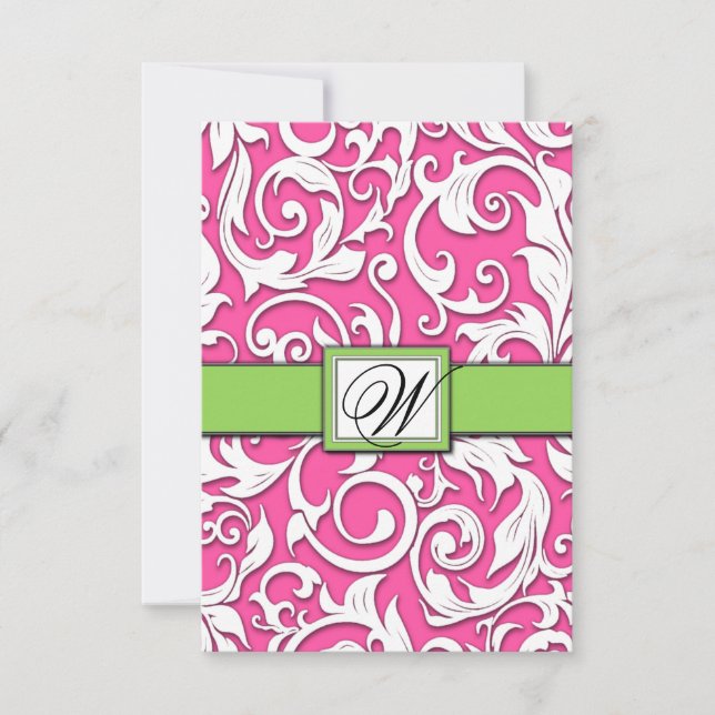Hot Pink & Lime Green Damask RSVP Cards (Vorderseite)