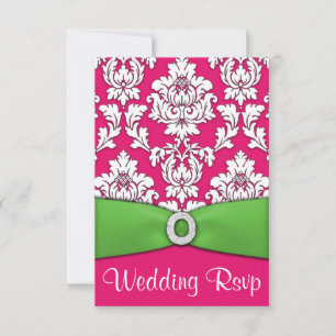 Hot Pink & Lime Green Damask RSVP Cards Karte