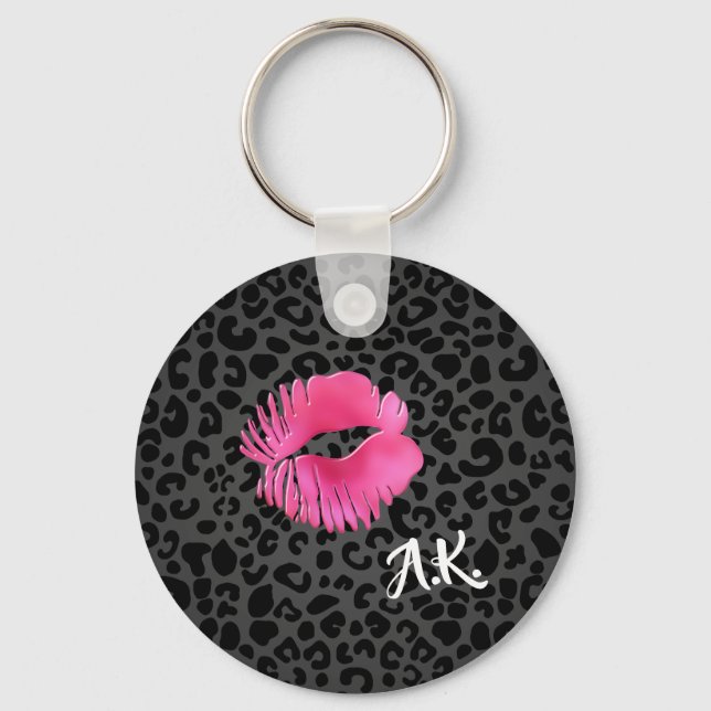 Hot Pink Lipgloss Kiss Black Leopard mit Monogramm Schlüsselanhänger (Vorderseite)