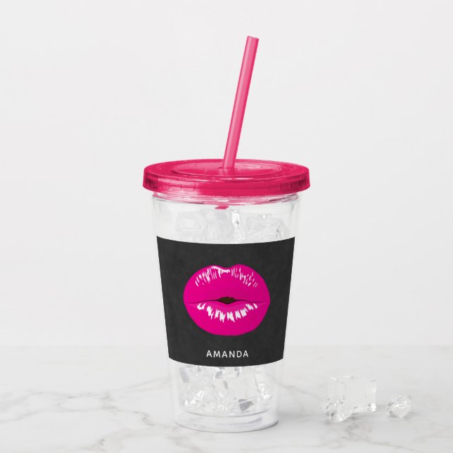 Hot Pink Lips Glamour Illustration Acryltrinkbecher (Rückseite Ice)