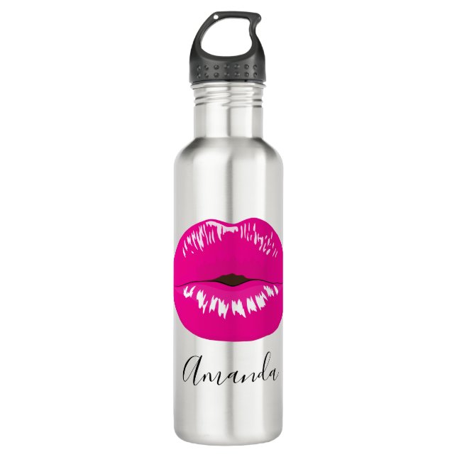 Hot Pink Lips Glamour Illustration Edelstahlflasche (Vorderseite)
