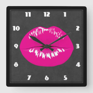 Hot Pink Lips Glamour Illustration Quadratische Wanduhr