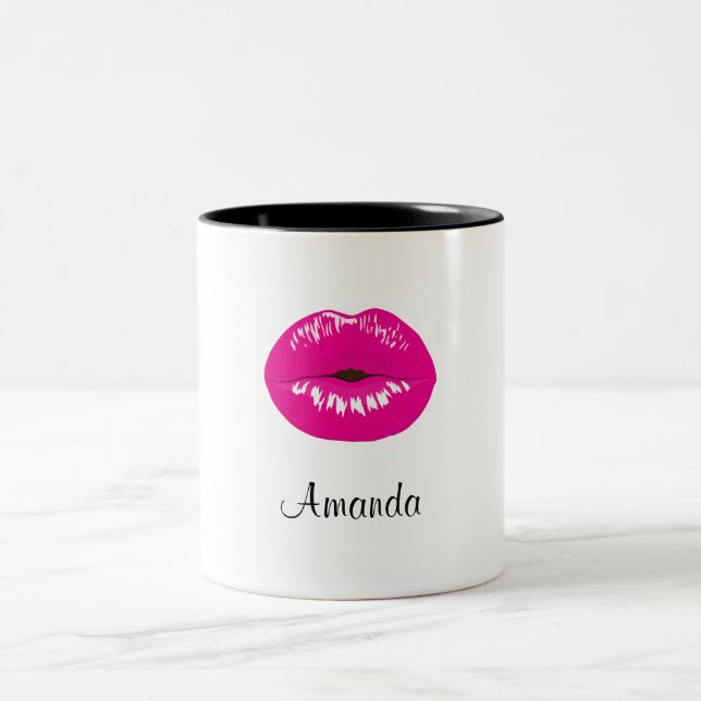 Hot Pink Lips Glamour Illustration Zweifarbige Tasse (Mittel)
