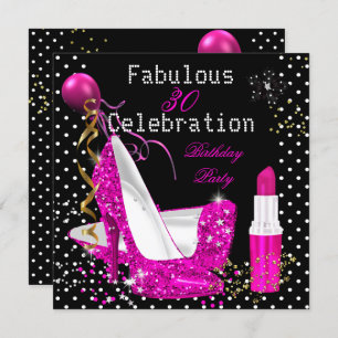 Hot Pink Lipstick Glitzer Heels Polka Dot Birthday Einladung
