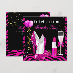 Hot Pink Lipstick Glitzer Zebra Geburtstagsparty Einladung