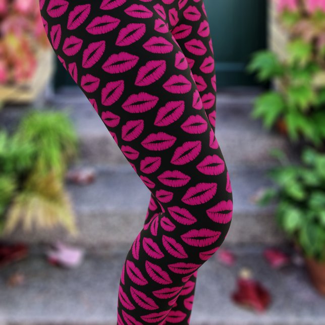 Hot Pink Lipstick Kiss Lip Print Black Leggings (Hot pink lipstick kisses on a pair of black comfy leggings. Perfect for date night or Valentine's)