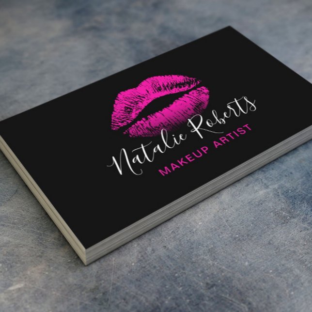 Hot Pink Lipstick Makeup Artist Black Beauty Salon Visitenkarte (Von Creator hochgeladen)
