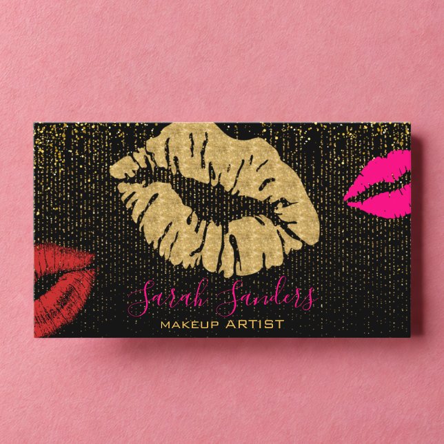Hot Pink Lipstick Makeup Artist Gold Black Visitenkarte (Von Creator hochgeladen)
