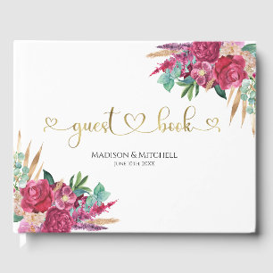 Hot Pink Magenta Floral Elegantes Gold Script Herz Gästebuch
