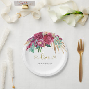 Hot Pink Magenta Floral Elegantes Gold Script Herz Pappteller