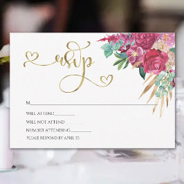 Hot Pink Magenta Floral Elegantes Gold Script Herz RSVP Karte