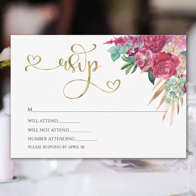 Hot Pink Magenta Floral Elegantes Gold Script Herz RSVP Karte (Von Creator hochgeladen)