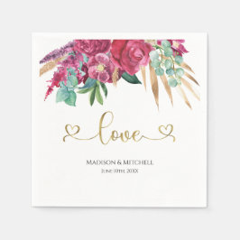 Hot Pink Magenta Floral Elegantes Gold Script Herz Serviette