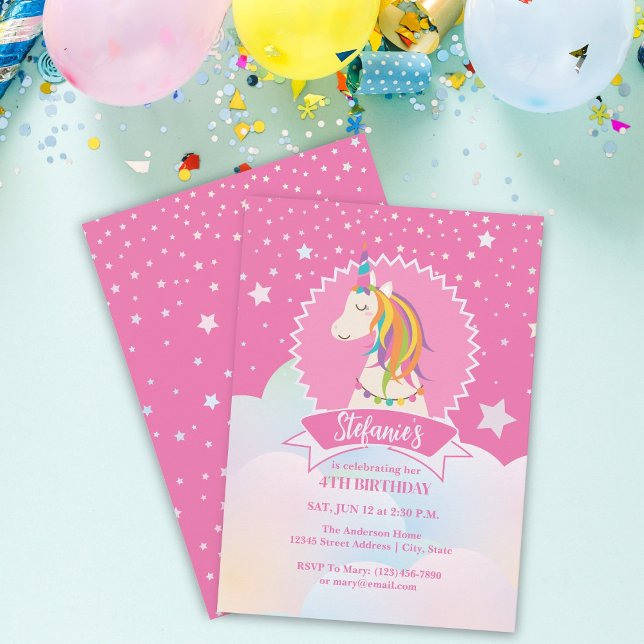 Hot Pink Magical Rainbow Unicorn Girl Birthday Einladung (Von Creator hochgeladen)