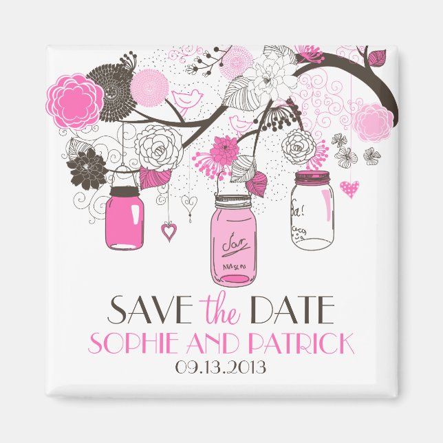 Hot Pink Mason Jars & Blume Speichern Sie das Date Magnet (Vorne)