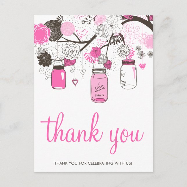 Hot Pink Mason Jars Wedding Danke Postcard Postkarte (Vorderseite)