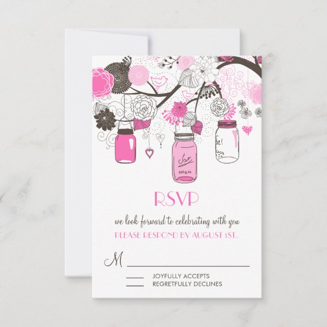 Hot Pink Mason Jars Wedding RSVP Card Einladung (Vorderseite)