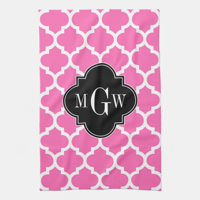 Hot Pink mit marokkanischer #5 Black 3 Initial Mon Handtuch (Vertikal)