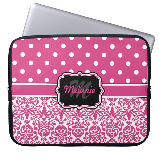 Hot Pink Mit Monogramm Damask Polka Dot Laptopschutzhülle (Vorderseite)