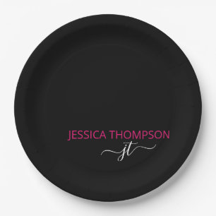 Hot Pink Modern Black Simple Script Monogram Name Pappteller