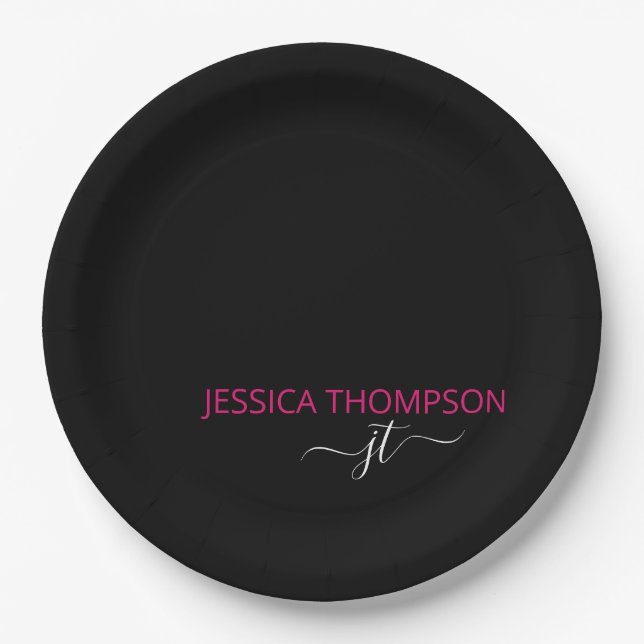 Hot Pink Modern Black Simple Script Monogram Name  Pappteller (Vorderseite)